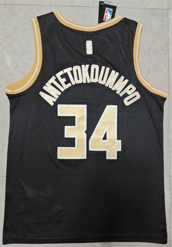 Maillot de Basket Bucks 2025 Antetokounmpo 34 Noir Or