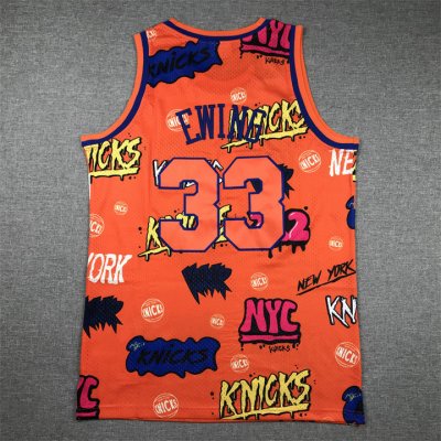 Maillot de Basket 33 Ewing Knicks Graffiti Orange